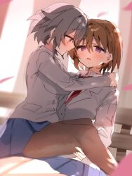 2girls akasaka_miyuki black_leggings blue_skirt blush brown_hair carrying cherry_blossoms grey_hair grey_shirt hand_on_another&#039;s_shoulder hand_on_another&#039;s_thigh highres higurashi_no_naku_koro_ni higurashi_no_naku_koro_ni_mei kimiyoshi_kazuho leggings ma_(aaayabaina111) multiple_girls necktie petals princess_carry purple_eyes red_eyes red_necktie shirt short_hair sitting sitting_on_lap sitting_on_person skirt yuri