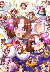 Rule 34 | 1girl, 1other, :3, ahoge, animal, animal ears, back bow, between breasts, black corset, black dress, black pantyhose, blue dress, blush, bow, bowtie, breasts, brooch, brown hair, cat, chibi, collar, commentary request, corset, cosplay, cowboy shot, dress, ear covers, ear ribbon, frilled collar, frilled sleeves, frills, ghost ornament, gloves, hair between eyes, hairband, hand on another&#039;s cheek, hand on another&#039;s face, high collar, highres, holding, holding animal, holding cat, horse ears, horse girl, horse tail, horseshoe print, jack-o&#039;-lantern brooch, jack-o&#039;-lantern ornament, jewelry, juliet sleeves, lantern, large breasts, long sleeves, marusan (marusant03), meisho doto (dot-o&#039;-lantern) (umamusume), meisho doto (umamusume), multicolored hair, multiple views, one eye closed, open mouth, orange bow, orange bowtie, pantyhose, pink hairband, puffy sleeves, purple eyes, shirt, short hair, single ear cover, strap between breasts, taiki shuttle (bubblegum memories) (umamusume), taiki shuttle (umamusume), taiki shuttle (umamusume) (cosplay), tail, translation request, two-tone hair, umamusume, whiskers, white gloves, white hair
