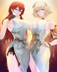 Rule 34 | 2girls, aglaea (honkai: star rail), bare shoulders, black gloves, blonde hair, bracelet, breasts, closed mouth, commentary, cowboy shot, cup, detached sleeves, dress, earrings, english commentary, flower, gloves, green eyes, hair between eyes, hair flower, hair ornament, hand on own hip, hand up, highres, himeko (honkai: star rail), holding, holding cup, honkai: star rail, honkai (series), jewelry, large breasts, laurel crown, long hair, looking at viewer, mcdobo, multiple girls, outfit connection, red hair, short hair, side-by-side, sleeveless, sleeveless dress, smile, teacup, thighs, white dress, yellow eyes