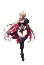 Rule 34 | 1girl, black boots, black gloves, black shirt, black shorts, black thighhighs, blonde hair, boots, braid, breasts, cape, cleavage, closers, crop top, crossed legs, dagger, full body, gloves, high collar, high heel boots, high heels, highres, holding, holding dagger, holding knife, holding weapon, knife, large breasts, long hair, long sleeves, looking at viewer, mask, micro shorts, midriff, mouth mask, official art, pelvic curtain, pink eyes, pink hair, plunging neckline, shirt, shorts, simple background, solo, standing, thigh boots, thighhighs, thighs, v-shaped eyebrows, very long hair, watson cross, weapon, white background, yoon ria (closers)