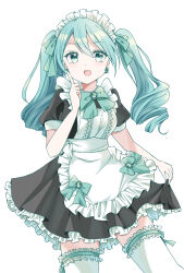 1girl alternate_costume alternate_hairstyle apron aqua_bow aqua_eyes aqua_hair blush bow breasts clothes_lift dress dress_lift earrings frilled_apron frilled_dress frilled_thigh_strap frilled_thighhighs frills hair_between_eyes hair_ornament hatsune_miku highres index_finger_raised jewelry long_hair maid maid_apron medium_breasts open_mouth photo_(object) puffy_short_sleeves puffy_sleeves short_sleeves simple_background siquartz22 solo thigh_strap thighhighs twintails vocaloid white_apron white_background white_thighhighs