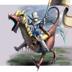 1girl armor armored_boots armored_dress belt blue_dress blue_eyes blue_hair boots cloud cloudy_sky dinosaur dragon dress fantasy female_focus flag gauntlets grey_thighhighs helmet highres juliet_sleeves kouno_(masao) long_hair long_sleeves matching_hair/eyes metal_gloves military military_uniform original puffy_sleeves revision riding riding_dinosaur saddle sky solo sword thighhighs very_long_hair weapon zettai_ryouiki
