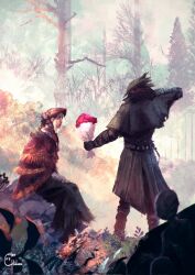 1girl 1other artofchinara ascot bloodborne bonnet bouquet brown_bonnet brown_cloak cloak coat dress flower gloves hat highres holding holding_bouquet hunter_(bloodborne) long_sleeves mask messengers_(bloodborne) mouth_mask outdoors plain_doll red_ascot red_flower red_rose rose solo standing tree tricorne white_hair