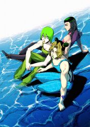 3girls absurdres arm_support arm_tattoo black_hair blonde_hair blue_eyes breasts bun_with_braided_base cleavage commentary_request double_bun dreadlocks dutch_angle ermes_costello eyes_visible_through_hair foo_fighters_(jojo) green_eyes green_hair green_lips green_overalls hair_bun highres jojo_no_kimyou_na_bouken kimeohandream korean_commentary kuujou_joutarou medium_breasts multicolored_hair multiple_girls orange_hair overalls partially_submerged short_hair sitting squatting stone_ocean tattoo two-tone_hair