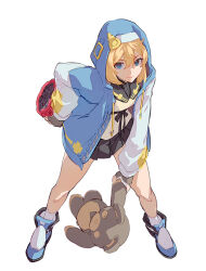 1boy androgyne_symbol bare_legs black_skirt blonde_hair blue_eyes blue_jacket boots bridget_(guilty_gear) commentary_request drawstring fingerless_gloves full_body gloves grey_gloves guilty_gear guilty_gear_strive hair_between_eyes hood hood_up hooded_jacket jacket korean_commentary leaning_forward legs_apart long_sleeves looking_at_viewer male_focus miniskirt open_clothes open_jacket pagye pleated_skirt simple_background skirt smile solo standing stuffed_animal stuffed_toy teddy_bear trap white_background yo-yo