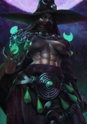 1girl abs absurdres armor bad_link breasts cloak colored_fire covered_face dark-skinned_female dark_skin energy fire fireball from_below gloves glowing glowing_eyes green_eyes green_fire hades_(series) hades_2 hat hecate_(hades) highres magic monori_rogue pauldrons shoulder_armor single_glove skirt solo toned toned_female underboob witch_hat