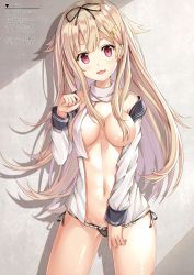 10s 1girl :d areola_slip bad_id bad_twitter_id black_panties black_ribbon blonde_hair convenient_censoring cowboy_shot fangs female_focus gluteal_fold hair_censor hair_flaps hair_ornament hair_over_breasts hair_ribbon hairclip hand_up highres kantai_collection looking_at_viewer navel no_bra open_mouth panties paw_pose pink_eyes ribbon rin_yuu scarf school_uniform serafuku shade shiny_skin shirt_slip smile solo underwear white_scarf yuudachi_(kancolle) yuudachi_kai_ni_(kancolle)