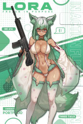 1girl absurdres animal_ear_fluff animal_ear_piercing animal_ears artist_name assault_rifle blush bra breasts chance8000 closed_mouth dark-skinned_female dark_skin detached_sleeves eyebrows_hidden_by_hair facial_mark fox_ears fox_girl fox_tail gluteal_fold green_eyes green_hair green_theme green_thighhighs gun h&amp;k_hk416 hand_on_own_hip highres holding holding_gun holding_weapon large_breasts lipstick looking_at_viewer makeup nail_polish navel original panties rifle semi-rimless_eyewear smile solo spoken_expression stomach tail thighhighs underwear weapon white_bra white_panties