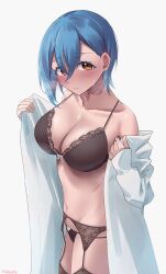 Rule 34 | 1girl, absurdres, armpit crease, artist name, black bra, black panties, black thighhighs, blue hair, blush, bow, bow bra, bow panties, bra, breasts, cleavage, closed mouth, coat, collarbone, commentary request, crossed bangs, earrings, garter belt, hair between eyes, highres, jewelry, lab coat, lace, lace-trimmed bra, lace trim, large breasts, long sleeves, looking at viewer, love live!, love live! superstar!!, navel, open clothes, open coat, orange eyes, panties, rikka006, short hair, simple background, sleeves past wrists, solo, steaming body, stomach, stud earrings, sweat, thighhighs, underwear, wakana shiki, white background, white bow, white coat