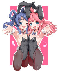 Rule 34 | 2girls, animal ear hairband, animal ears, aqua eyes, black leotard, black pantyhose, blue eyes, blue hair, bow, bowtie, breasts, cropped legs, detached collar, fake animal ears, foreshortening, hair rings, hairband, highres, huyusilver, leotard, multiple girls, one eye closed, open mouth, original, pantyhose, pink background, pink eyes, playboy bunny, purple bow, purple bowtie, rabbit ears, rabbit tail, red bow, red bowtie, small breasts, smile, strapless, strapless leotard, tail, two-tone background, wrist cuffs