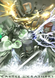 4boys armor black_sclera cape castle_crashers colored_sclera copyright_name electricity fire glaring gloves helmet ice knight male_focus multiple_boys pauldrons poison salz5183 serious shield shoulder_armor sword weapon
