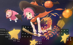 1girl ahoge black_hair black_hat black_shirt black_shoes broom broom_riding city commentary costume drum english_commentary green_eyes halloween hat highres instrument jack-o&#039;-lantern joko_jmc long_sleeves multicolored_hair orange_skirt osu! outdoors pink_hair pippi_(osu!) shirt shoes short_hair skirt solo star_(symbol) striped_clothes striped_thighhighs taiko_drum taiko_no_tatsujin thighhighs two-tone_hair wings witch witch_hat zettai_ryouiki