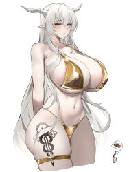 Rule 34 | 1girl, 1other, absurdres, alternate breast size, arknights, arms behind back, artist name, bare shoulders, bikini, blush, breasts, chibi, chibi inset, cleavage, collarbone, doctor (arknights), gold bar, gold bikini, highres, horns, huge breasts, irkawaza, leg tattoo, long hair, navel, parted lips, pointy ears, red eyes, shining (arknights), signature, simple background, skindentation, smile, solo focus, speech bubble, swimsuit, tattoo, thigh strap, thought bubble, very long hair, white background, white hair