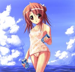 00s 1girl akayoshi_hajime brand_name_imitation breasts brown_eyes brown_hair cameltoe can covered_erect_nipples day drink_can female_focus mahou_sensei_negima! nipples one-piece_swimsuit pocari_sweat sakura_mei school_swimsuit see-through_clothes sky small_breasts soda_can solo swimsuit water wet