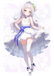 1girl alternate_costume blush border closed_mouth clothes_lift commentary_request dress dress_lift floral_background frilled_dress frills grey_hair highres hololive lifting_own_clothes looking_at_viewer murasaki_shion shoes skirt skirt_lift smile solo thighhighs toketa-sekai veil virtual_youtuber wedding_dress white_border white_dress white_shoes white_thighhighs yellow_eyes