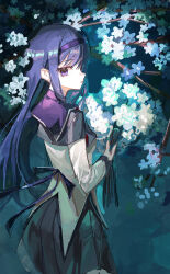 1girl absurdres akemi_homura akemi_homura_(magical_girl) aqua_background back_ribbon black_capelet black_skirt black_sleeve_cuffs branch brown_shirt capelet chinese_commentary commentary_request cowboy_shot flower from_side hairband highres holding holding_flower iinagi_(kashiwa_keira) long_hair long_sleeves looking_at_viewer looking_to_the_side magical_girl mahou_shoujo_madoka_magica mahou_shoujo_madoka_magica_(anime) making-of_available parted_lips partial_commentary profile purple_capelet purple_eyes purple_hair purple_hairband purple_ribbon ribbon shirt single_sidelock skirt solo swept_bangs white_flower