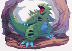 Rule 34 | black eyes, bright pupils, claws, fangs, gen 2 pokemon, mo~zu, nintendo, no humans, open mouth, pokemon, pokemon (creature), pokemon focus, signature, solo, standing, tongue, tyranitar, white pupils