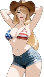 Rule 34 | 1girl, american flag, american flag bikini, american flag print, armpits, arms up, bikini, bikini top only, blonde hair, blue shorts, breasts, cleavage, cowboy hat, cowboy shot, cynthia (pokemon), denim, denim shorts, devil jone qrit, flag print, flag print bikini, hair over one eye, hat, highres, large breasts, long hair, looking at viewer, navel, nintendo, open mouth, pokemon, pokemon dppt, print bikini, shorts, simple background, solo, stomach, swimsuit, transparent background, very long hair