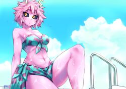 1girl absurdres aqua_bikini aqua_sarong artist_name ashido_mina bare_shoulders bikini black_sclera blue_sky blush boku_no_hero_academia breasts cleavage cloud collarbone colored_sclera colored_skin female_focus hhholic highres horns large_breasts looking_at_viewer messy_hair navel pink_hair pink_skin sarong short_hair sky solo swimsuit thighs twitter_username wet yellow_eyes yellow_horns