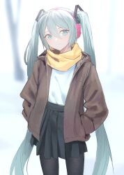 1girl black_pantyhose black_skirt blue_eyes blue_hair blurry blurry_background brown_jacket closed_mouth commentary cowboy_shot double-parted_bangs earmuffs english_commentary eyebrows_hidden_by_hair floating_headgear hair_between_eyes hair_ornament hands_in_pockets hatsune_miku head_tilt headgear highres hood hood_down hooded_jacket jacket light_blush long_eyelashes long_hair long_sleeves looking_at_viewer miniskirt open_clothes open_jacket pantyhose pleated_skirt raised_eyebrows raised_inner_eyebrows scarf shirt shirt_tucked_in sidelocks skirt smile solo speedpaint standing straight-on thick_eyelashes twintails vertigris very_long_hair vocaloid white_shirt winter yellow_scarf