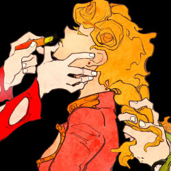 Rule 34 | applying lipstick, applying makeup, blonde hair, braid, braiding hair, clothing cutout, colored eyelashes, cosmetics, earrings, eyelashes, fingernails, giorno giovanna, green lips, hairdressing, highres, jewelry, jojo no kimyou na bouken, lipstick, lipstick tube, long hair, makeup, male focus, pale skin, pannacotta fugo, vento aureo, victory rolls, y-dodo
