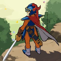 1boy armor boots breastplate brown_gloves cape commentary copyright_name dragon_quest dragon_quest_i english_commentary fake_horns faulds full_body gloves helmet hero_(dq1) highres holding holding_sword holding_weapon horned_helmet horns looking_to_the_side lunchiblz male_focus monster outdoors pauldrons red_cape scabbard sheath shoulder_armor slime_(dragon_quest) solo standing sword two-sided_cape two-sided_fabric weapon white_boots