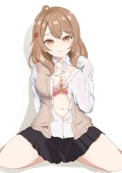 1girl ahoge black_skirt bow bow_bra bra bra_peek breasts brown_eyes brown_hair brown_sweater_vest cleavage closed_mouth collared_shirt commentary feet_out_of_frame flower hair_flower hair_ornament head_on_chest highres kneeling large_breasts long_hair long_sleeves looking_at_viewer mariya_mikhailovna_kujou miniskirt nanja_najav open_clothes open_shirt pink_bra pleated_skirt school_uniform seiren_academy_school_uniform shirt skirt solo spread_legs summer_uniform sweater_vest tokidoki_bosotto_roshia-go_de_dereru_tonari_no_alya-san underwear white_shirt