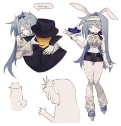 1boy 1girl air_zizon alternate_costume black_coat black_necktie black_pants black_shirt blue_eyes blue_hair blue_shoes coat collared_shirt cropped_vest eunoia_(frozen_soul) frozen_soul highres joints lapels leg_warmers long_hair mafioso_(frozen_soul) multiple_views necktie notched_lapels open_mouth pants roblox robot_joints roller_skates shirt shoes simple_background skates smile sweat tray very_long_hair vest white_background white_leg_warmers white_vest