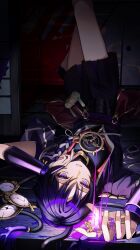 Rule 34 | 1boy, aomiya souju, armor, black kimono, black shorts, black sleeves, blunt ends, cable, choppy bangs, cracked gemstone, curled fingers, eyelashes, eyeliner, eyeshadow, fingernails, gem, genshin impact, gnosis (genshin impact), gold, hand on own cheek, hand on own face, highres, japanese armor, japanese clothes, jewelry, juban, kimono, kote, layered shorts, layered sleeves, legs up, looking at viewer, lying, makeup, male focus, mandarin collar, mitsudomoe (shape), neck ring, o-ring, on back, open clothes, open hand, open kimono, parted lips, purple eyes, purple hair, purple rope, purple sash, purple shorts, purple sleeves, red eyeliner, red eyeshadow, red kimono, red sash, rope, sash, scaramouche (genshin impact), shimenawa, short sleeves, shorts, sliding doors, solo, tassel, tomoe (symbol), tsurime, vision (genshin impact), white gemstone, white kimono, white mouth, white rope