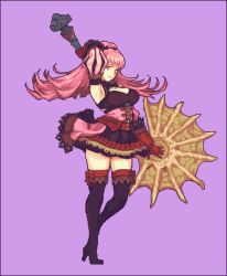 1girl arm_up armpits bare_shoulders black_boots black_dress boots bow breasts cleavage corset detached_sleeves dress fire_emblem fire_emblem:_three_houses freikugel_(fire_emblem) full_body glaceo gloves high_heel_boots high_heels highres hilda_valentine_goneril holding holding_weapon large_breasts long_hair looking_at_viewer nintendo pink_eyes pink_hair pixel_art puffy_sleeves purple_background red_bow red_gloves simple_background solo standing thigh_boots very_long_hair weapon