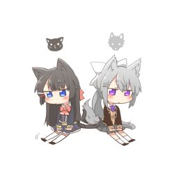 2girls animal_ear_fluff animal_ears black_hair black_jacket black_shoes blue_eyes blue_jacket blue_skirt blush_stickers bow braid brown_cardigan cardigan cat_ears cat_girl cat_tail chibi closed_mouth collared_shirt grey_hair grey_skirt hair_between_eyes hair_ornament hairclip higuchi_kaede higuchi_kaede_(1st_costume) intertwined_tails jacket kemonomimi_mode multiple_girls necktie nijisanji pink_bow pleated_skirt ponytail purple_eyes purple_necktie rebecca_(keinelove) shirt shoes simple_background sitting skirt socks tail thighhighs tsukino_mito tsukino_mito_(1st_costume) virtual_youtuber white_background white_shirt white_socks white_thighhighs wolf_ears wolf_girl wolf_tail