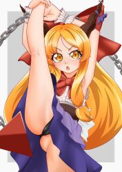 1girl armpits arms_up belt black_panties bow bowtie brown_belt brown_horns buttons cameltoe chain commentary_request feet_out_of_frame grey_background hair_bow highres horn_bow horn_ornament horns ibuki_suika kurohiba long_hair looking_at_viewer open_mouth orange_eyes orange_hair panties partially_visible_vulva purple_bow purple_skirt pyramid_(geometry) red_bow red_bowtie shirt skirt sleeveless sleeveless_shirt solo split standing standing_on_one_leg standing_split touhou two-tone_background underwear variant_set very_long_hair white_background white_shirt wrist_cuffs
