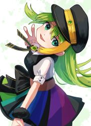 1girl alina_gray black_hat black_vest gradient_clothes gradient_skirt green_eyes green_hair hat highres long_hair mahou_shoujo_madoka_magica mahou_shoujo_madoka_magica_magia_exedra peaked_cap plusplushm shirt short_sleeves skirt solo vest white_shirt