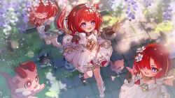 3girls absurdres black_gloves blue_eyes blush bow brown_gloves camunekoz commentary_request covered_eyes cross-shaped_pupils day dress gloves gold_trim hair_over_one_eye highres holding holding_letter honkai:_star_rail honkai_(series) letter long_sleeves medium_hair multiple_girls open_mouth outdoors outstretched_arm peanut_mouth red_bow red_hair shirt symbol-shaped_pupils teeth trianne_(honkai:_star_rail) tribbie_(honkai:_star_rail) trinnon_(honkai:_star_rail) two-tone_gloves white_dress white_shirt