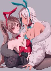 2girls amazuki_jou animal_ear_hairband animal_ears aqua_hairband aqua_leotard azur_lane black_gloves black_pantyhose bow bowtie breasts brown_hair cleavage detached_collar fake_animal_ears fingerless_gloves gloves grey_background hairband highres holding holding_leash jean_bart_(azur_lane) leash leotard long_hair looking_at_viewer massachusetts_(azur_lane) mouth_hold multiple_girls open_mouth pantyhose playboy_bunny ponytail rabbit_ears red_bow red_bowtie red_eyes red_hairband red_leotard simple_background traditional_bowtie white_hair yuri
