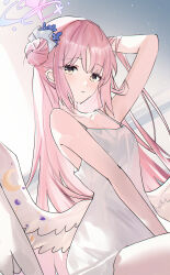 1girl absurdres bare_shoulders blue_archive camisole collarbone commentary dutch_angle feathered_wings hair_ornament hair_scrunchie halo hand_in_own_hair highres long_hair looking_at_viewer mika_(blue_archive) pink_hair pink_halo scrunchie solo usagi_(786113654) very_long_hair white_camisole white_scrunchie white_wings wings yellow_eyes