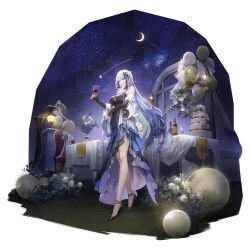 1girl artist_request balloon blue_eyes blue_hair bottle breasts cake chair champagne_flute check_artist cleavage crescent_moon cup detached_sleeves dress drinking_glass evening_gown flower food game_cg girls&#039;_frontline girls&#039;_frontline_neural_cloud high_heels highres hubble_(ever-radiant_star)_(neural_cloud) hubble_(neural_cloud) lantern layer_cake moon night night_sky official_alternate_costume official_art outdoors porafree shooting_star side_slit sky star_(sky) starry_sky tablecloth third-party_source white_flower wine_bottle wine_glass