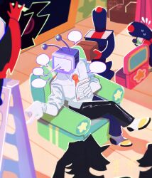 1boy absurdres ant_tenna arm_up black_pants blank_speech_bubble commentary couch crt curtains deltarune english_commentary flying_sweatdrops full_body gloves highres holding holding_paper male_focus necktie object_head on_couch open_mouth orange_necktie pants paper pippins_(deltarune) podium pointing pointy_nose rainforest_s2 shadowguy_(deltarune) shirt shoes sitting sleeves_rolled_up speech_bubble stage stage_curtains sweat white_gloves white_shirt yellow_shoes zapper_(deltarune)