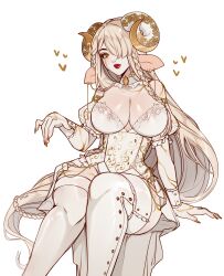 1girl absurdres braid braided_bangs breasts dress ear_piercing heart highres horns large_breasts large_ears long_hair looking_to_the_side original piercing rebthgin red_lips sheep_horns simple_background thighhighs very_long_hair white_background white_dress white_hair white_thighhighs yellow_eyes