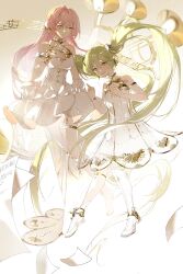 Rule 34 | 2girls, asymmetrical legwear, bare shoulders, blue eyes, bracelet, breasts, collarbone, dahuoshaoshan, dress, frilled dress, frills, gold armlet, gold bracelet, gramophone luka, gramophone miku, green eyes, green hair, hair between eyes, hatsune miku, highres, jewelry, long hair, looking at another, looking at viewer, medium breasts, megurine luka, multiple girls, musical note, musical staff, official alternate costume, official alternate hairstyle, pink hair, short dress, single thighhigh, small breasts, strapless, strapless dress, thighhighs, tutu, twintails, very long hair, vocaloid, white dress, white thighhighs