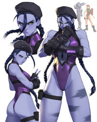 ass bodypaint breasts breikka cammy_white cammy_white_(cosplay) colored_skin commentary cosplay fingerless_gloves garrison_cap gloves hat highleg highleg_leotard leotard long_hair looking_at_viewer medium_breasts overwatch purple_hair purple_skin simple_background street_fighter thong_leotard white_background widowmaker_(overwatch) yellow_eyes