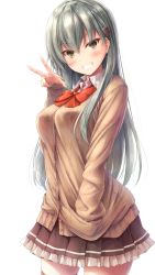 1girl aqua_hair blush bow bowtie breasts brown_jacket brown_skirt brown_thighhighs cardigan cowboy_shot earrings female_focus frilled_skirt frills from_side green_eyes grin hand_in_pocket highres jacket jewelry kantai_collection long_hair long_sleeves looking_at_viewer medium_breasts pleated_skirt red_bow red_bowtie remodel_(kantai_collection) shirt simple_background skirt smile solo straight_hair striped_clothes striped_skirt stud_earrings suien suzuya_(kancolle) thighhighs upper_body v v-shaped_eyebrows white_background white_shirt