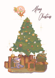 absurdres animal_focus artist_name bird box bright_pupils cat christmas christmas_ornaments christmas_tree closed_eyes closed_mouth english_text full_body gen_7_pokemon gift gift_box green_eyes happy highres holding_with_feet litten looking_down looking_to_the_side lying merry_christmas napopo nintendo no_humans open_mouth pokemon pokemon_(creature) popplio rowlet signature simple_background sleeping smile sparkle star_(symbol) starter_pokemon_trio u_u white_background white_pupils