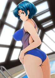 1girl absurdres ass back_cutout backlighting bishoujo_senshi_sailor_moon blue_eyes blue_hair blurry breasts clothing_cutout competition_swimsuit covered_erect_nipples day depth_of_field dutch_angle earrings female_focus from_below highres impossible_clothes impossible_swimsuit jewelry large_breasts looking_at_viewer mizuno_ami nanashi_noiji one-piece_swimsuit rei_no_pool sailor_mercury short_hair smile solo standing swimsuit twisted_torso water