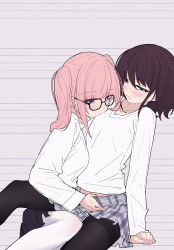 Rule 34 | 2girls, black pantyhose, blue eyes, blue skirt, blush, chinese commentary, commentary request, flat chest, girls band cry, glasses, grey eyes, grey skirt, hair between eyes, hair down, hand in another&#039;s clothes, highres, hina (girls band cry), iseri nina, long sleeves, medium hair, multiple girls, open mouth, pantyhose, pink hair, plaid clothes, plaid skirt, shirt, skirt, twintails, white pantyhose, white shirt, yun cao bing, yuri