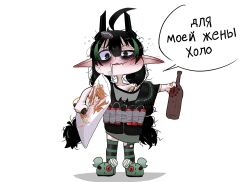 Rule 34 | 1girl, bags under eyes, bandaid on chest, beer bottle, black horns, black nails, black thighhighs, black vest, bottle, braid, character request, commentary, dakimakura (object), drooling, drunk, dynamite, elf, elfinpsyop, english commentary, explosive, fotokoon, green eyes, green hair, green thighhighs, grey shirt, highres, holding, holding bottle, horns, indie virtual youtuber, long hair, multicolored hair, pillow, pointy ears, saliva, shirt, slippers, solo, speech bubble, standing, streaked hair, striped clothes, striped thighhighs, thighhighs, translation request, twin braids, vest, virtual youtuber