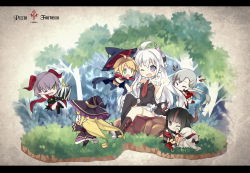 6+girls ^^^ banana black_hair blonde_hair border borrowed_character commentary_request copyright_name demon_girl closed_eyes food fruit green_eyes hat horns lafrenze_(33) letterboxed long_hair mofetousu_furuna multiple_girls one_eye_closed open_mouth original pixiv_fantasia pixiv_fantasia_fallen_kings pointy_ears purple_eyes saru sitting smile very_long_hair white_hair witch_hat yuri