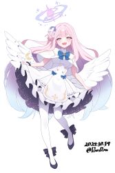 1girl angel_wings artist_name blue_archive capelet commentary_request crescent dandan_(uaee4742) dated dress feathered_wings frilled_dress frills full_body gradient_hair hair_bun hair_ornament hair_scrunchie halo highres long_hair low_wings mika_(blue_archive) multicolored_hair pantyhose pink_hair pink_halo scrunchie simple_background single_hair_bun skirt_hold solo very_long_hair white_background white_capelet white_dress white_pantyhose white_scrunchie white_wings wings yellow_eyes