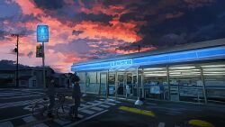 2boys banakotakemaru bicycle brand_name_imitation building cloud cloudy_sky commentary_request convenience_store multiple_boys orange_sky original outdoors parking_lot power_lines scenery shop sign sky utility_pole