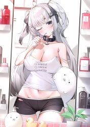 1girl absurdres ahoge animal_collar black_collar black_ribbon bottle bow breasts brushing_teeth cleavage clothes_writing collar collarbone fish_hair_ornament gawawawa grey_eyes grey_hair hair_bow hair_ornament hair_ribbon hairpin highres large_breasts long_hair navel one_eye_closed pill_hair_ornament plant potted_plant ribbon rubber_duck shadow short_shorts shorts single_bare_shoulder snoozy_(vtuber) socks_agency strap_slip tank_top thigh_gap two_side_up virtual_youtuber white_tank_top